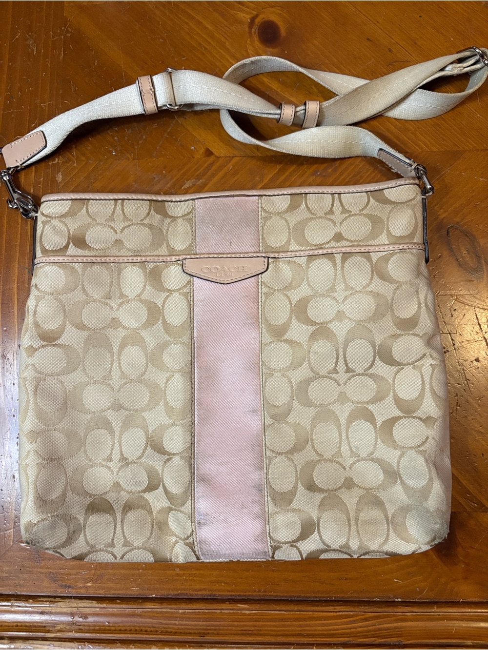 Coach Beige and Pink Signature Crossbody Shoulder Bag